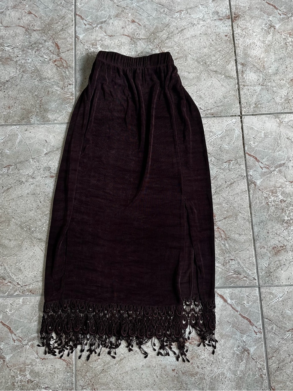 Dark Brown Velvet Crochet Fringe Maxi Skirt